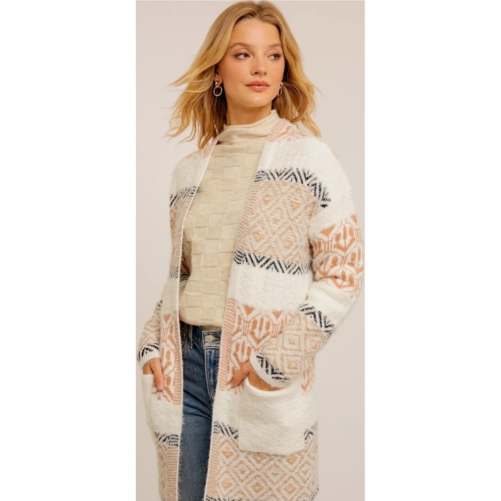 Mia & Tess Boho Western Bird's Eye View Cardigan - White Mix